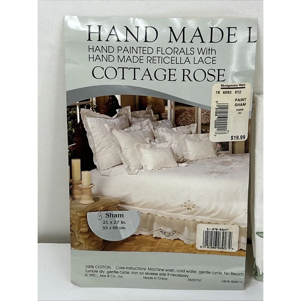 3 Hand Made Lace Sham Pillow Cover Cottage Rose Painted Floral 21 x 27 White